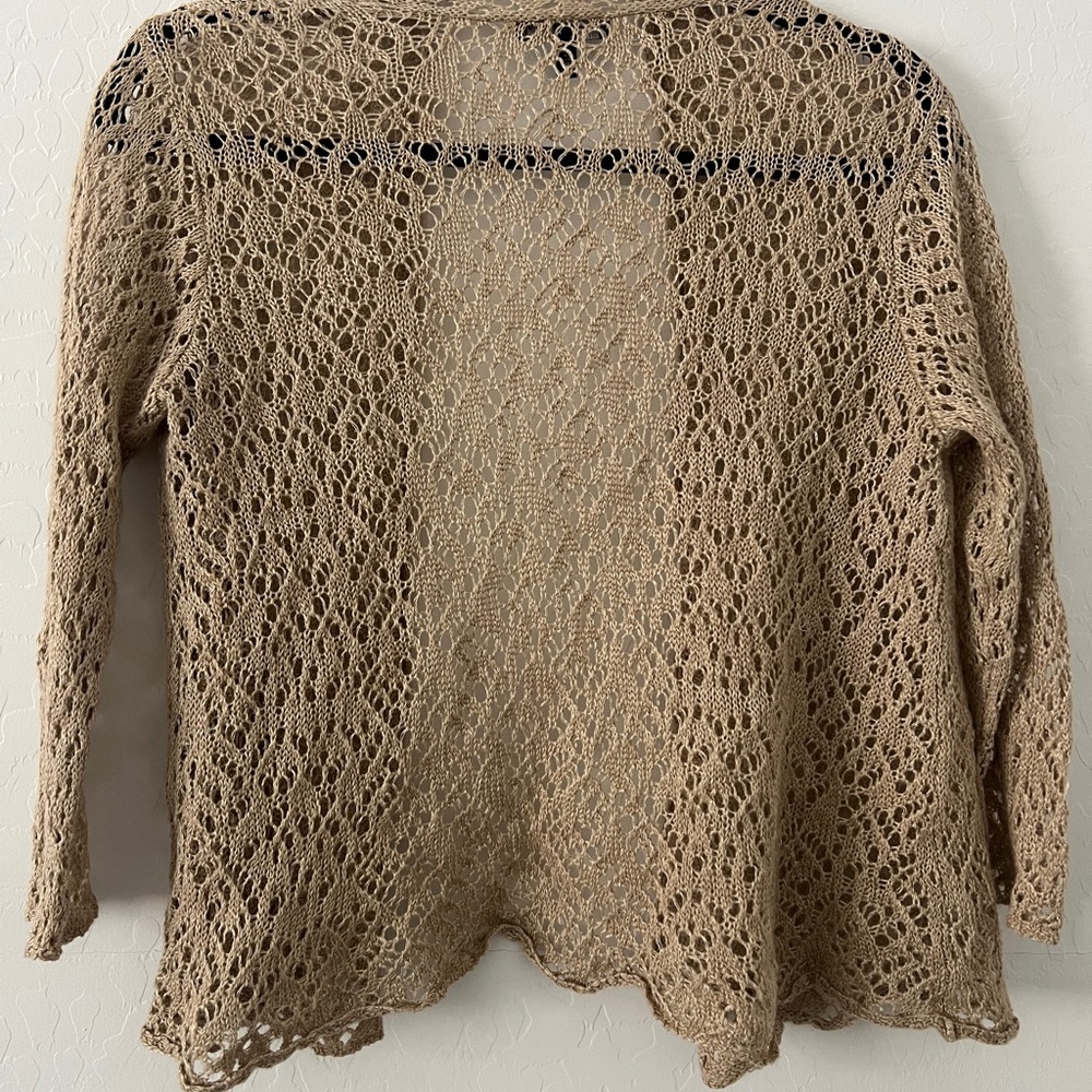 Eileen Fisher Open Knit Italian Yarn Linen Metallic Cardigan PP Tan - Picture 2 of 6